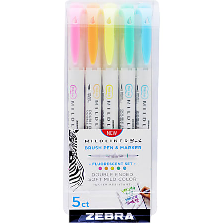 Zebra® Mildliner Fluorescent Double-Ended Creative Markers, Fine/Brush  Point, White Barrels, Assorted Ink Colors, Pack Of 5 Markers